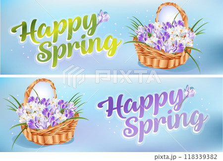 Two banners basket with flowers and text happy spring Two banners basket with flowers and text happy spring 118339382