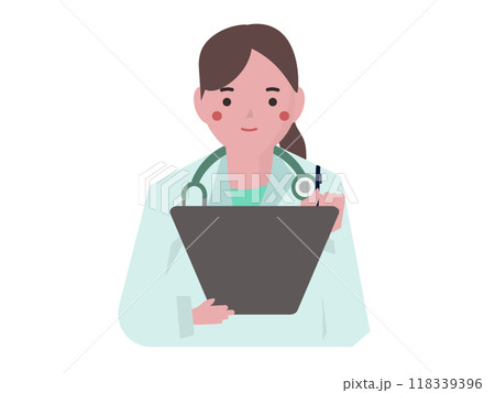 カルテを書く白衣の女性。ベクターイラスト	 118339396