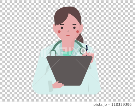 A woman in a white coat writing a medical record. Vector illustration 118339396