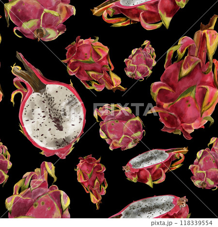Pitaya pattern, pink dragon fruit. Exotic tropical ripe fruit, slices and whole, hand drawn watercolor pattern in realistic style. Pitaya pattern, pink dragon fruit. Exotic tropical ripe fruit, slices and whole, hand drawn watercolor pattern in realistic style. 118339554