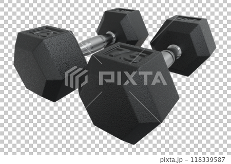 Two Hex Dumbbells with numbers 7.5, weightlifting gym equipment 118339587