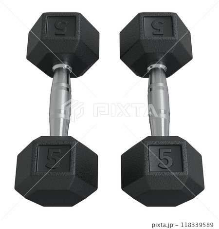 Two Hex Dumbbells with number 5, weightlifting gym equipment Two Hex Dumbbells with number 5, weightlifting gym equipment 118339589
