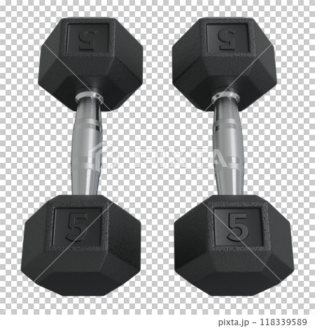 Two Hex Dumbbells with number 5, weightlifting gym equipment Two Hex Dumbbells with number 5, weightlifting gym equipment 118339589