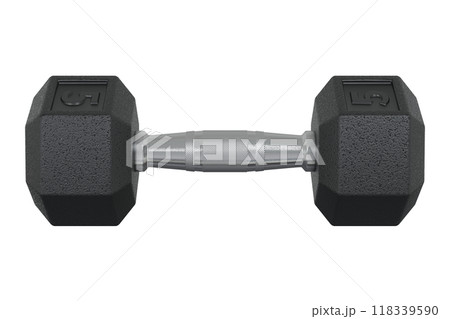 Hex Dumbbell with number 5, weightlifting gym equipment side view 118339590