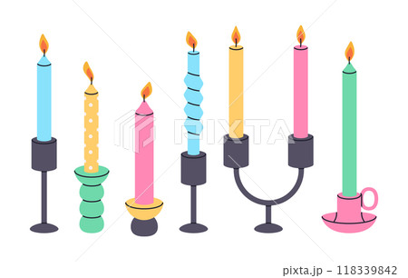 Colorful candles in candlestick. Wax scented candle, cute taper burning candles flat vector illustration set. Aroma multicolored candles on white 118339842
