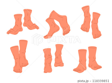 Human bare legs. Barefoot feet in different positions, front, side feet view flat vector illustration set. Cartoon standing and crossed feet Human bare legs. Barefoot feet in different positions, front, side feet view flat vector illustration set. Cartoon standing and crossed feet 118339851