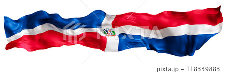 Stylized flag of Dominican Republic waving in wind, isolated on white background. Footer, header, divider. Cut out wide panoramic element. Banner for patriotic themes or national event promotions. 3D. 118339883