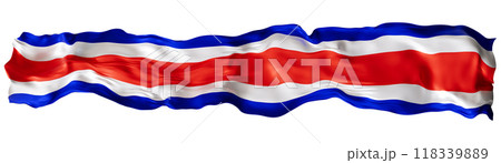 Stylized flag of Costa Rica waving in the wind, isolated on white background. Footer, header or divider. Cut out wide, panoramic element. Banner for patriotic themes or national event promotions. 3D. Stylized flag of Costa Rica waving in the wind, isolated on white background. Footer, header or divider. Cut out wide, panoramic element. Banner for patriotic themes or national event promotions. 3D. 118339889
