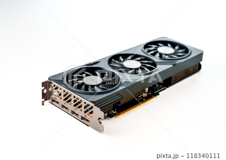 Black and gray graphics processing unit with three black fans isolated on white background Black and gray graphics processing unit with three black fans isolated on white background 118340111