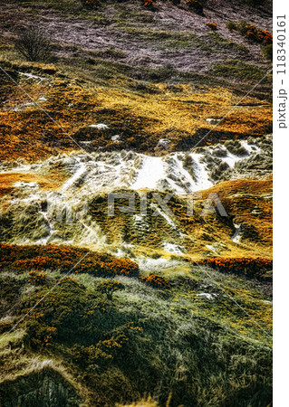 A coastal scene with a grassy cliff with patches of white sand. 118340161