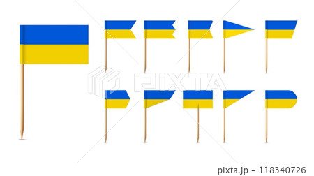 Ukrainian toothpick flags. Wooden toothpicks with paper Ukrainian yellow blue flag. Ukraine support symbol. 3D realistic map pointer. Vector set Ukrainian toothpick flags. Wooden toothpicks with paper Ukrainian yellow blue flag. Ukraine support symbol. 3D realistic map pointer. Vector set 118340726
