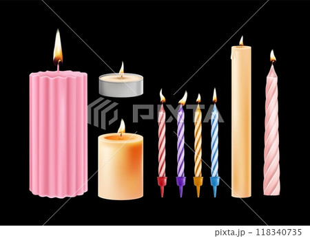 Realistic 3d candles. Burning decorative aromatic paraffin wax candles, birthday cake colorful twisted candle isolated on black background. Vector set Realistic 3d candles. Burning decorative aromatic paraffin wax candles, birthday cake colorful twisted candle isolated on black background. Vector set 118340735
