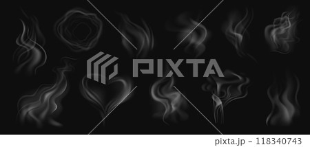 Realistic smoke. White steam, smoke from hot food or tea, coffee and cigarette or hookah steam trail in ring and heart shape isolated on transparent background. Vector set Realistic smoke. White steam, smoke from hot food or tea, coffee and cigarette or hookah steam trail in ring and heart shape isolated on transparent background. Vector set 118340743