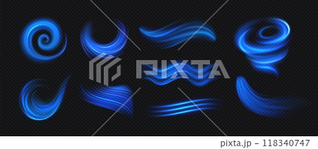 Air flow. Blue cold air flows from conditioner isolated on transparent background. Blue wind light effects, ice blow stream and vortex trail. Vector effects Air flow. Blue cold air flows from conditioner isolated on transparent background. Blue wind light effects, ice blow stream and vortex trail. Vector effects 118340747