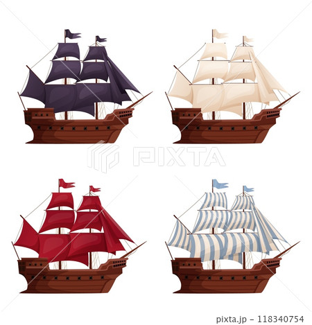 Old wooden ships. Cartoon sailing ship, scarlet sails wind sail boat pirate frigate warship longboat schooner, traditional ancient sailboat sea galleon vector illustration of boat or old ship 118340754