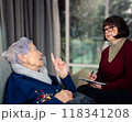 Compassionate dialogue unfolds as social worker documents elderly client's needs in tranquil home visit. 118341208