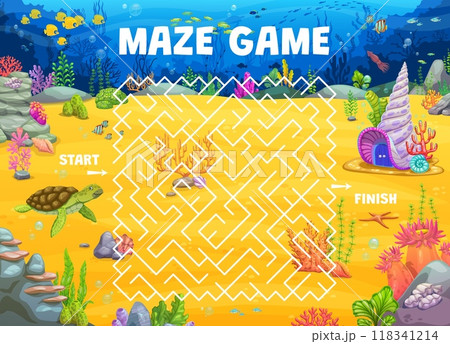 Labyrinth maze quiz game, help to turtle to find her house on the sea bottom. Vector kid riddle, worksheet, puzzle task with cartoon tortoise searching home at the underwater ocean seafloor landscape 118341214