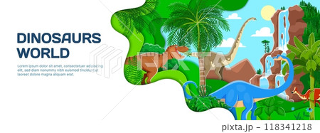 Prehistoric dinosaurs in paper cut banner, Jurassic giant lizard characters, vector background. Kids dino park or paleontology museum and dinosaurs world banner with funny T-rex tyrannosaurus Prehistoric dinosaurs in paper cut banner, Jurassic giant lizard characters, vector background. Kids dino park or paleontology museum and dinosaurs world banner with funny T-rex tyrannosaurus 118341218