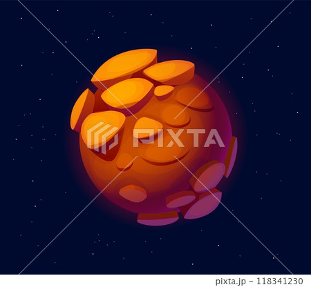 Cartoon fantasy galaxy orange alien space planet with rocky protrusions, glowing softly against a dark, star-filled sky. Vector asteroid with rugged surface, asset for space exploration or sci fi game 118341230