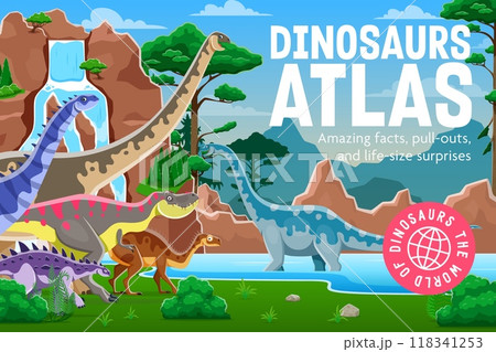 Prehistoric dinosaur encyclopedia book cover with cartoon dino characters, vector background. Kids paleontology book and prehistoric lizards encyclopedia atlas cover with Jurassic era funny dinosaurs Prehistoric dinosaur encyclopedia book cover with cartoon dino characters, vector background. Kids paleontology book and prehistoric lizards encyclopedia atlas cover with Jurassic era funny dinosaurs 118341253