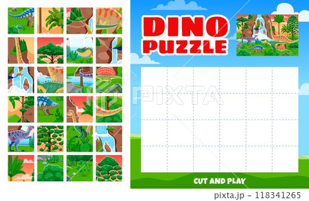 Animals jigsaw puzzle kids logic game with prehistoric dinosaurs. Vector fun and engaging riddle featuring separated pieces with dino, encouraging children to cut and play to assemble the full picture Animals jigsaw puzzle kids logic game with prehistoric dinosaurs. Vector fun and engaging riddle featuring separated pieces with dino, encouraging children to cut and play to assemble the full picture 118341265