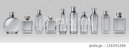Cosmetic glass bottles with silver elements. Realistic 3d vector transparent cosmetics flasks, stylish and modern sprayer containers for fragrance and scent perfume branding or product presentation 118341266