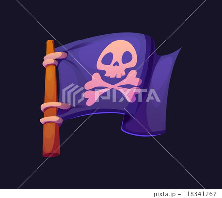 Cartoon pirate corsair flag with Jolly Roger. Vector dark purple banner with skull and crossbones fluttering in the wind. Pennant with sinister cranium, symbol of high seas adventure, danger or piracy 118341267