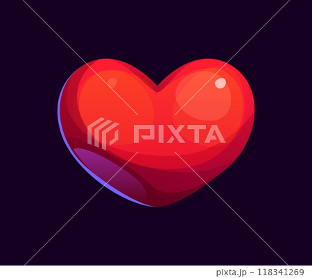 Cartoon game heart asset. Isolated vector red glossy heart shape evokes feelings of love, affection and emotions for romantic Valentine day, wedding or dating. Symbol of health, mobile app emoji sign 118341269