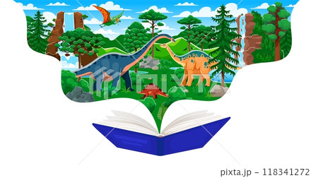 School textbook with prehistoric dinosaurs at Jurassic era landscape. Vector storytelling frame with dino species emerge from the pages of an open book. Imaginative adventure and discovery story 118341272