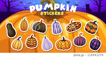 Halloween ornament pumpkins stickers pack set for holiday horror night, cartoon vector. Halloween stickers of painted pumpkins with orange, black and purple pattern ornaments of lines and dots Halloween ornament pumpkins stickers pack set for holiday horror night, cartoon vector. Halloween stickers of painted pumpkins with orange, black and purple pattern ornaments of lines and dots 118341274