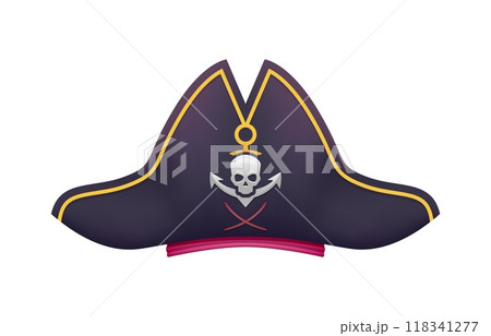 Cartoon pirate hat, corsair captain tricorn. Vector seafarer headdress with jolly roger skull and anchor emblem. Isolated buccaneer cocked hat, headgear, sailor cap. Filibuster piracy party costume 118341277