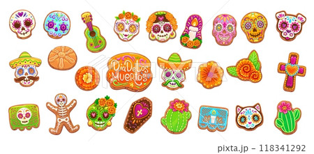 Mexican dead day biscuit cookie and cakes, dia de los muertos holiday pastry featuring colorful sugar skull, marigold, candle, guitar and coffin, cross, papel picado, cat and dog festive confectionery Mexican dead day biscuit cookie and cakes, dia de los muertos holiday pastry featuring colorful sugar skull, marigold, candle, guitar and coffin, cross, papel picado, cat and dog festive confectionery 118341292