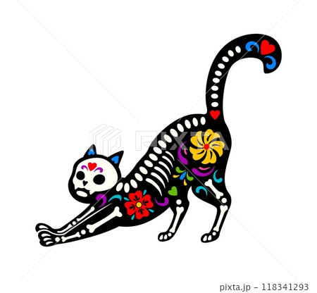 Dead Halloween skeleton, Mexican day of the dead cat animal tattoo. Isolated vector dia de los Muertos kitten sugar skull, feline pets figure stretching it body, filled with bones and floral motifs Dead Halloween skeleton, Mexican day of the dead cat animal tattoo. Isolated vector dia de los Muertos kitten sugar skull, feline pets figure stretching it body, filled with bones and floral motifs 118341293