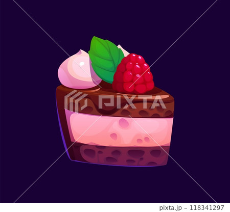 Cartoon valentine cake, candy sweets, confectionery. Vector delectable slice of chocolate cake with pink fruity filling, topped with a fresh raspberry and a mint leaf. Dessert food, sweet bakery treat Cartoon valentine cake, candy sweets, confectionery. Vector delectable slice of chocolate cake with pink fruity filling, topped with a fresh raspberry and a mint leaf. Dessert food, sweet bakery treat 118341297
