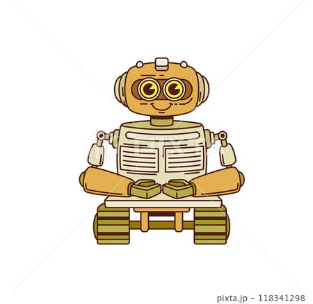 Cartoon retro groovy robot character or space android on wheels, vector game toy. Groovy retro cartoon robot or cute robotic machine of vintage technology cyborg droid with happy smile on face Cartoon retro groovy robot character or space android on wheels, vector game toy. Groovy retro cartoon robot or cute robotic machine of vintage technology cyborg droid with happy smile on face 118341298