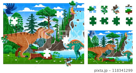 Prehistoric dinosaurs landscape jigsaw puzzle game pieces. Cartoon vector kids riddle worksheet with t-rex, flying and a herbivorous dino in lush forest with a waterfall and blue sky in the background Prehistoric dinosaurs landscape jigsaw puzzle game pieces. Cartoon vector kids riddle worksheet with t-rex, flying and a herbivorous dino in lush forest with a waterfall and blue sky in the background 118341299