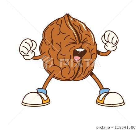 Cartoon groovy walnut nut character is smiling and flexing its muscles, showcasing strong, healthy and energetic vibes. Isolated vector lively walnut kernel personage posing with gloves and sneakers 118341300