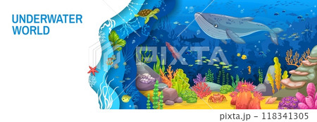 Paper cut underwater landscape with cartoon whale and seaweeds on ocean bottom. Vector horizontal banner with marine animals like squid, crab, turtle, tropical seaweeds and coral reefs within 3d frame 118341305