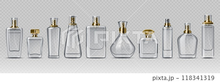 Cosmetic glass bottles with golden elements showcasing beauty products and luxury packaging designs. Realistic 3d vector elegant cosmetics vial mockups for perfumes, lotions, and serums presentation 118341319