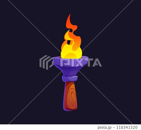 Cartoon torch with burning fire. Isolated vector medieval, fairy tale or pirate game asset, gui element. Ancient portable flaming torchlight, lighting flambeau lantern on wooden pole handle with blaze Cartoon torch with burning fire. Isolated vector medieval, fairy tale or pirate game asset, gui element. Ancient portable flaming torchlight, lighting flambeau lantern on wooden pole handle with blaze 118341320