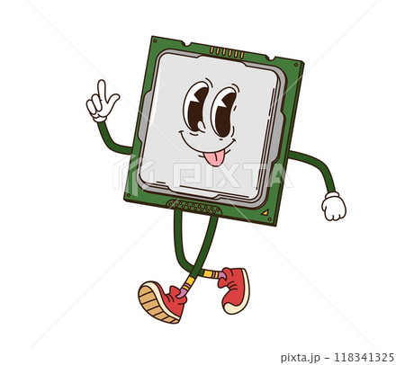 Cartoon groovy computer chip processor retro character. Isolated vector vintage nostalgic tech anthropomorphic personage with cheerful face, sticking its tongue out and raising hand in pointing sign Cartoon groovy computer chip processor retro character. Isolated vector vintage nostalgic tech anthropomorphic personage with cheerful face, sticking its tongue out and raising hand in pointing sign 118341325