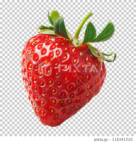 Ripe Strawberry with Textured Red Exterior and Vibrant Green Leafy Crown 118341520
