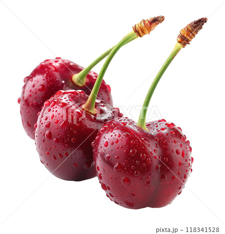 Bunch of Ripe Red Cherries with Fresh Green Stems 118341528