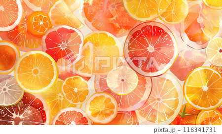 Colorful Circle of Citrus Fruits Adds Cheer to Still Life Painting 118341731