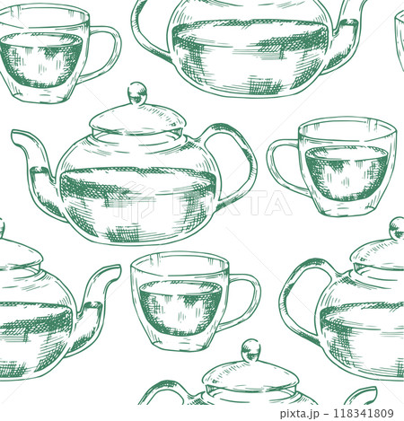 seamless pattern of a teapot with a cup of tea. illustration in sketch style 118341809