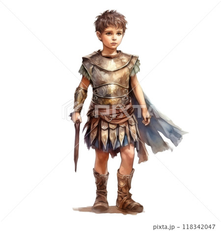 Young Boy Dressed in Roman Armor and Holding a Sword 118342047