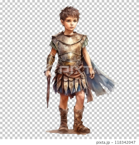 Young Boy Dressed in Roman Armor and Holding a Sword 118342047