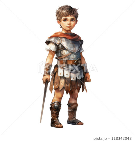 Young Boy Dressed in Roman Armor Holding a Dagger 118342048