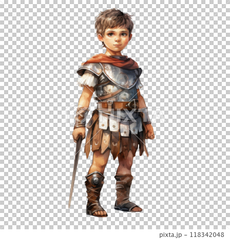 Young Boy Dressed in Roman Armor Holding a Dagger 118342048