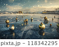 Golden Sunset Over a Frozen Lake with Christmas Ornaments Reflecting on the Ice, Set in a Mountain Valley 118342295